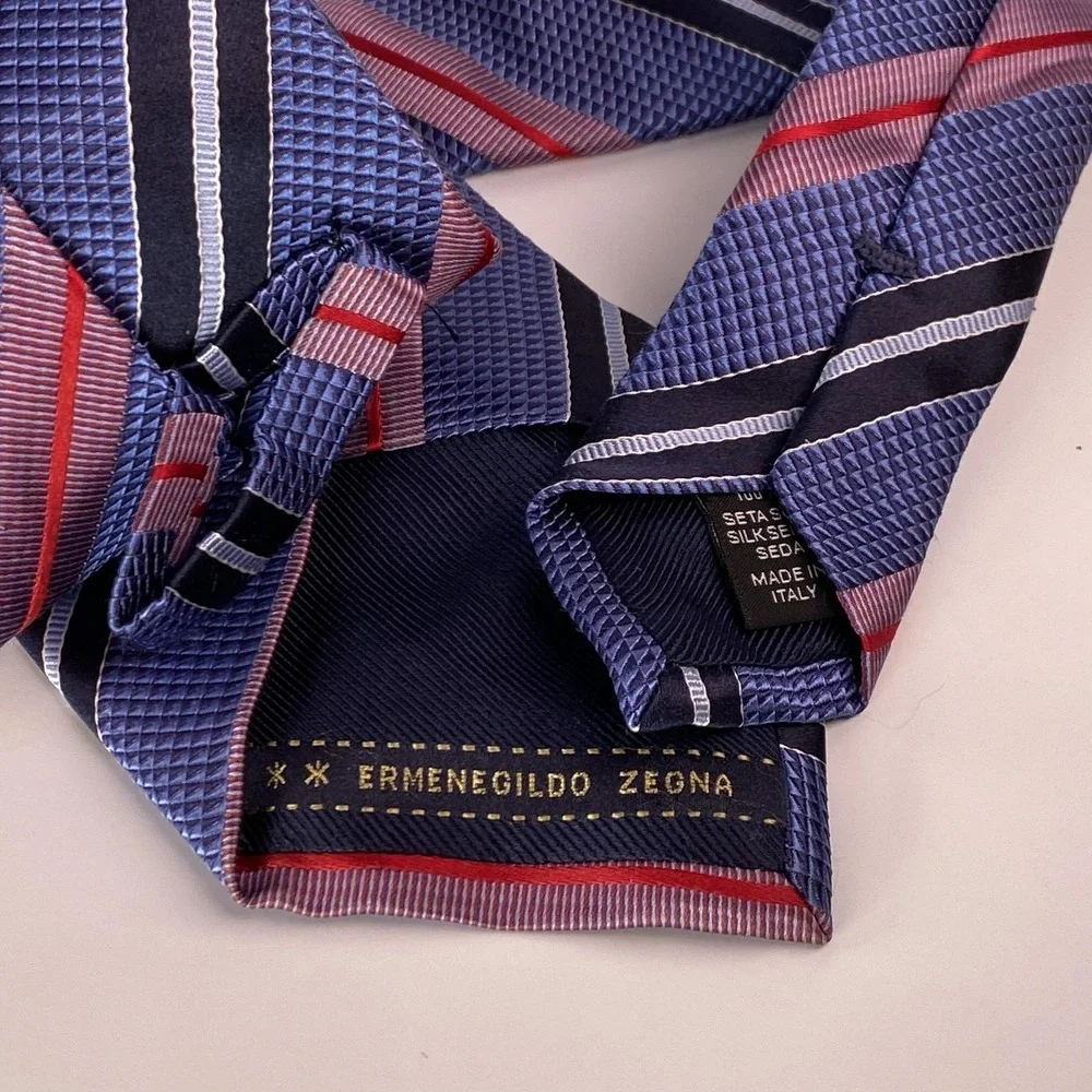 Ermenegildo‎ Zegna Tie Mens Blue Red Stripe Silk Necktie Made Italy Mens
